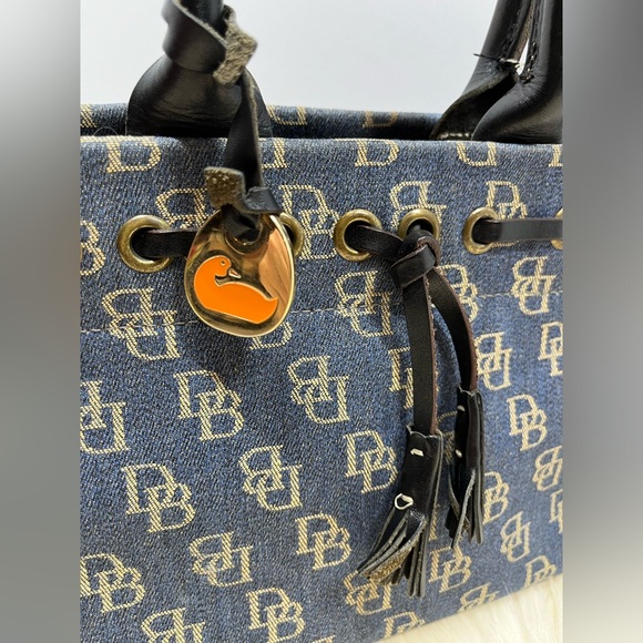 Dooney & Bourke Monogram Denim Crossbody/ Mini Satchel Leather Trim & Tassels - Picture 3 of 17